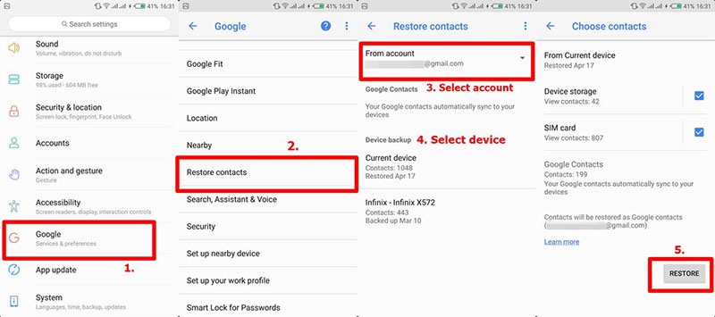 restore contacts from google backup