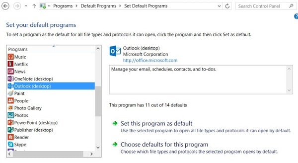 setup outlook as default