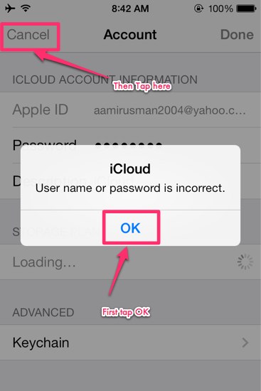 icloud user name incorrect