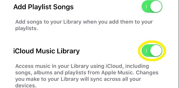 turn on icloud music library