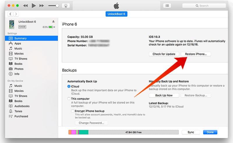 restore iphone in itunes