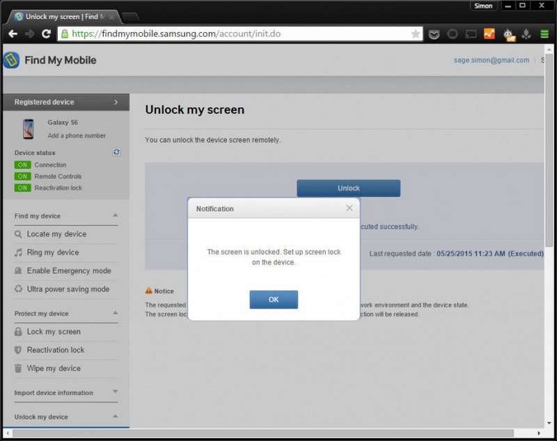 unlock s6 with find my mobile