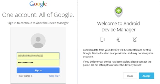 log in android device manager