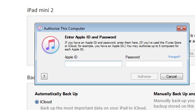 Syncing iPad to New Computer Using iTunes - provide apple ID and password