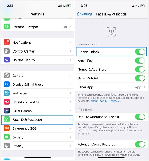 unlock iphone xs (max) without face id-disable the “iPhone unlock” feature