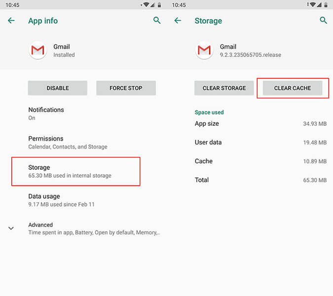 gmail not working android - clear cache in storage
