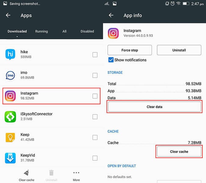 clear app data to fix instagram crashing