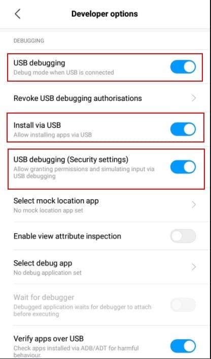 enable usb debugging from settings