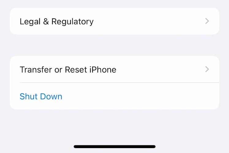 shut down ios option in settings