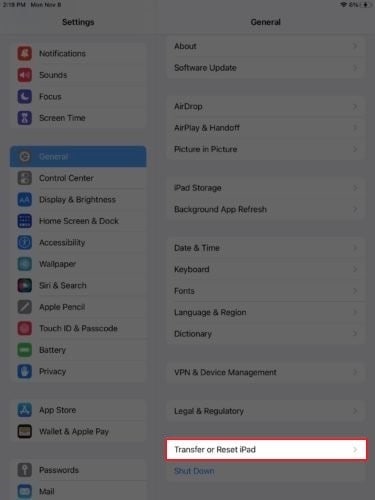 access transfer or reset ipad option