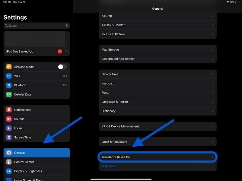 access transfer or reset ipad options