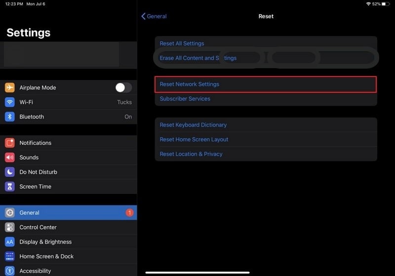 reset ipad network settings