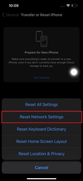 tap on reset network settings