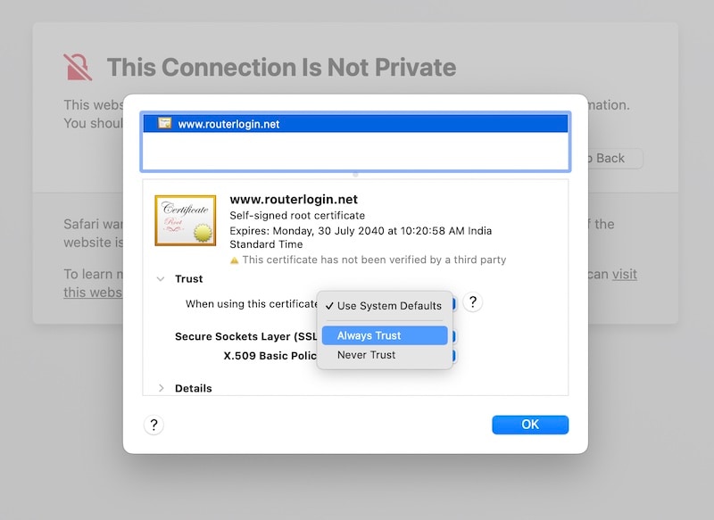 always trust certificate option in safari