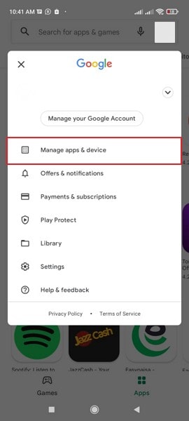 tap on manage apps and devices