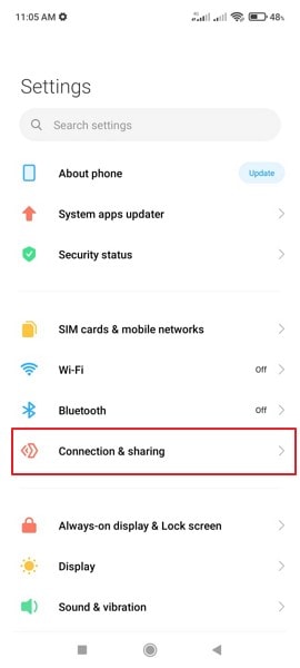 tap on connection and sharing