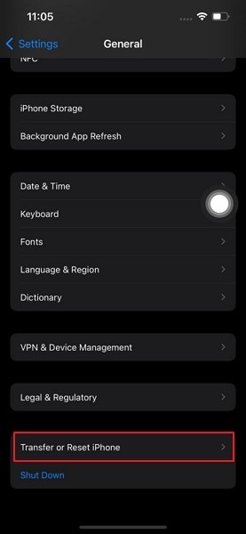 tap on transfer or reset iphone