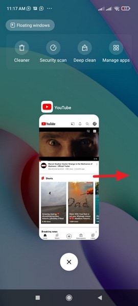 swipe right to close youtube