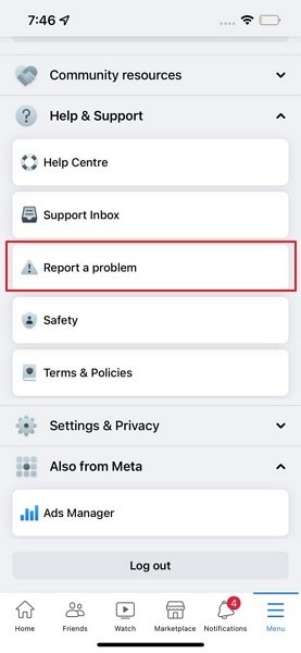 tap on report a problem