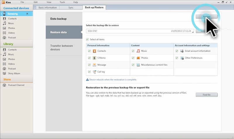 restore data using samsung kies