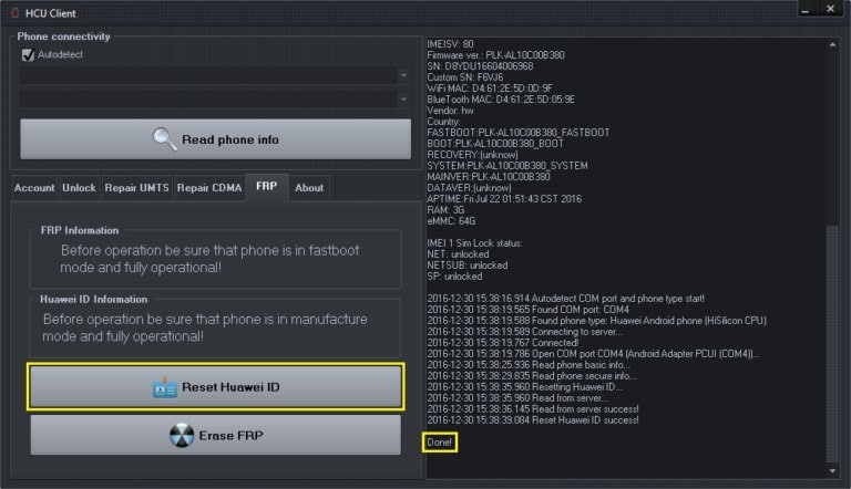 initiate reset huawei id process