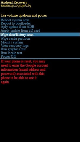 choose wipe data factory reset option