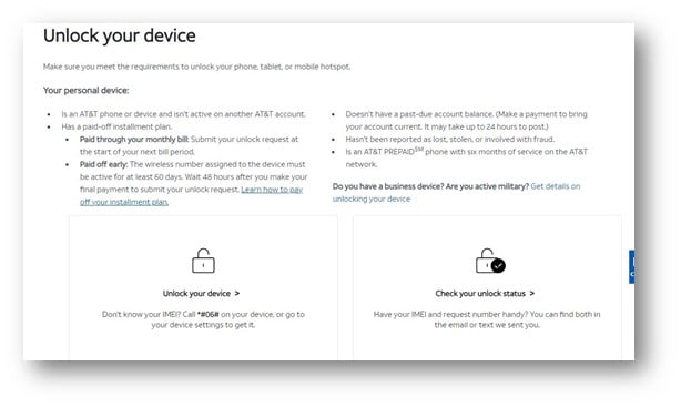 att unlock device requirements