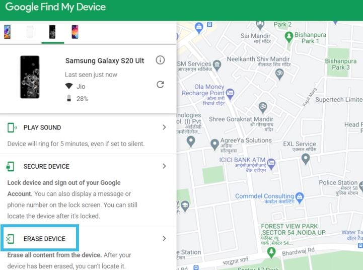 google find my device data reset