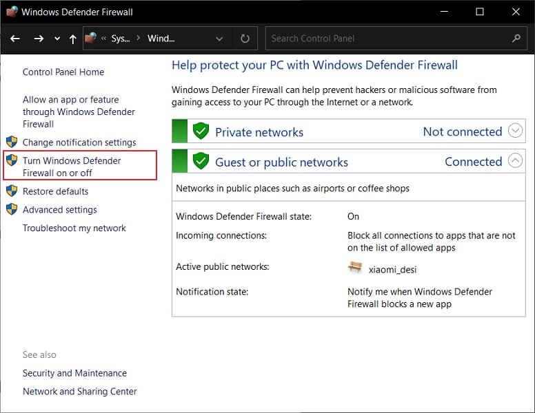 select turn windows defender option