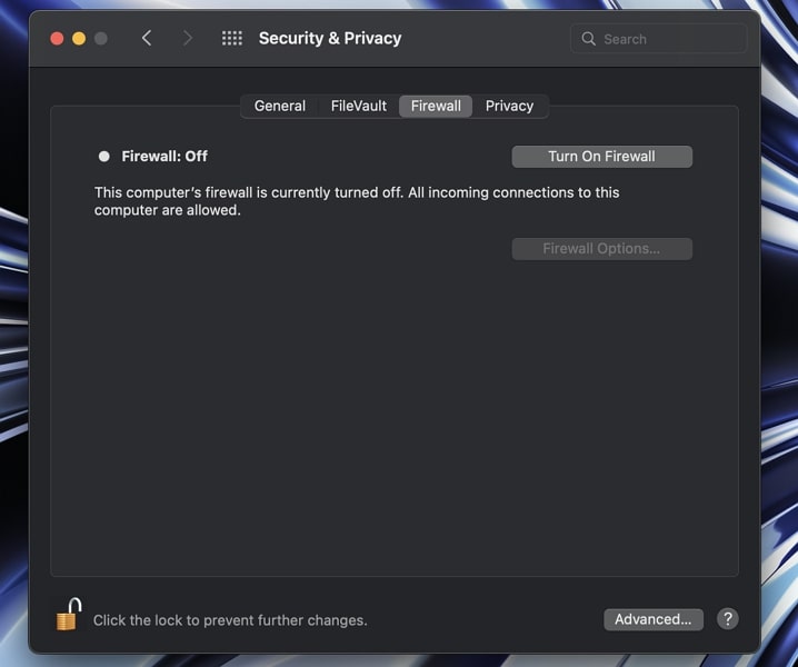 mac firewall turned off