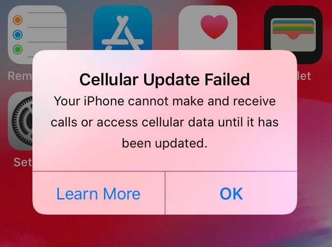 cellular update failed error