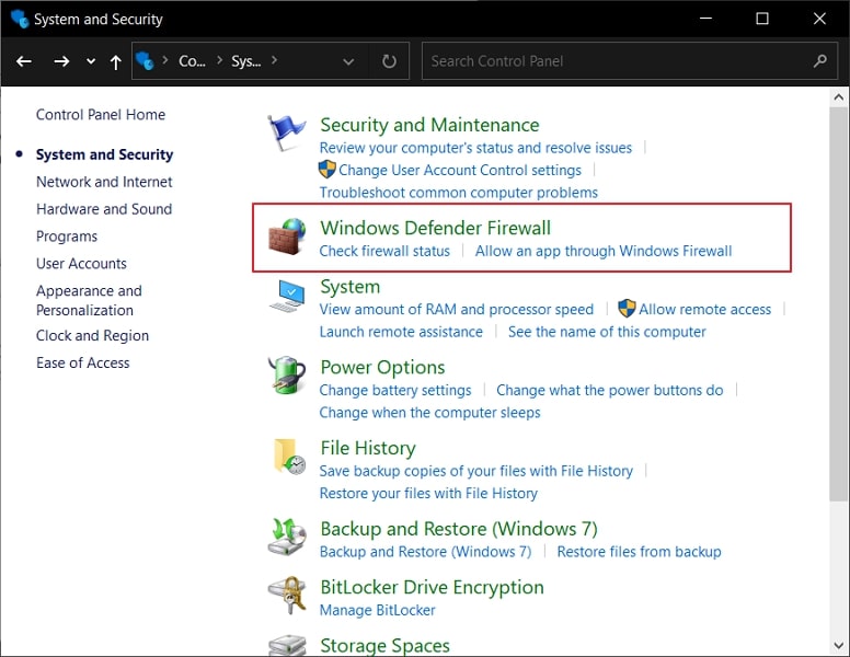 choose windows defender firewall