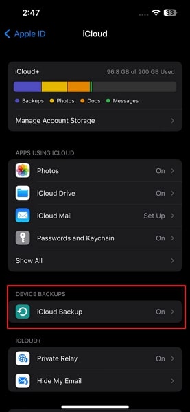 select the icloud backup option