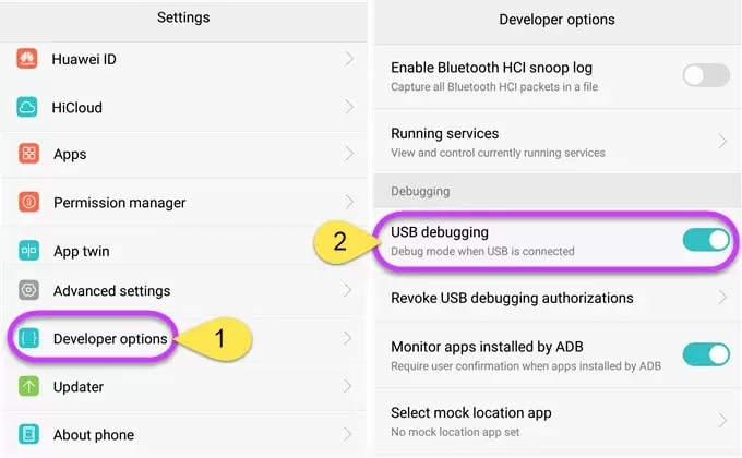 enable the usb debugging option