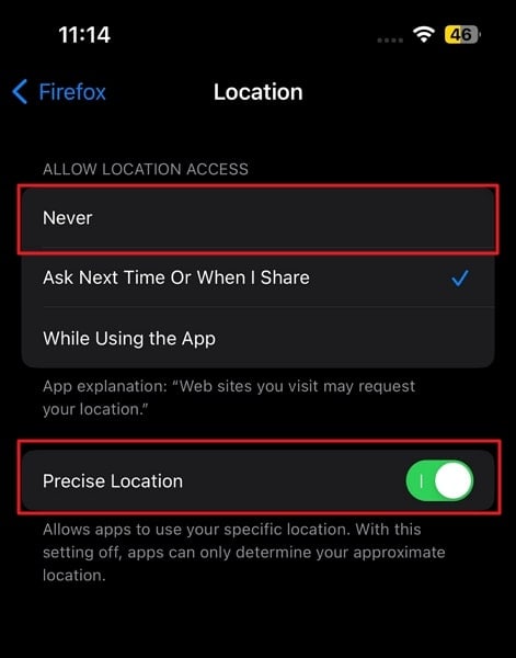 disable the firefox ios location