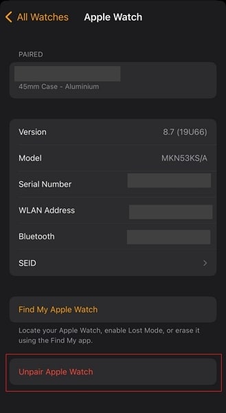 press on the unpair apple watch option