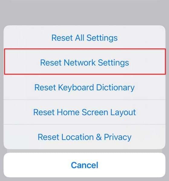 tap on reset network settings