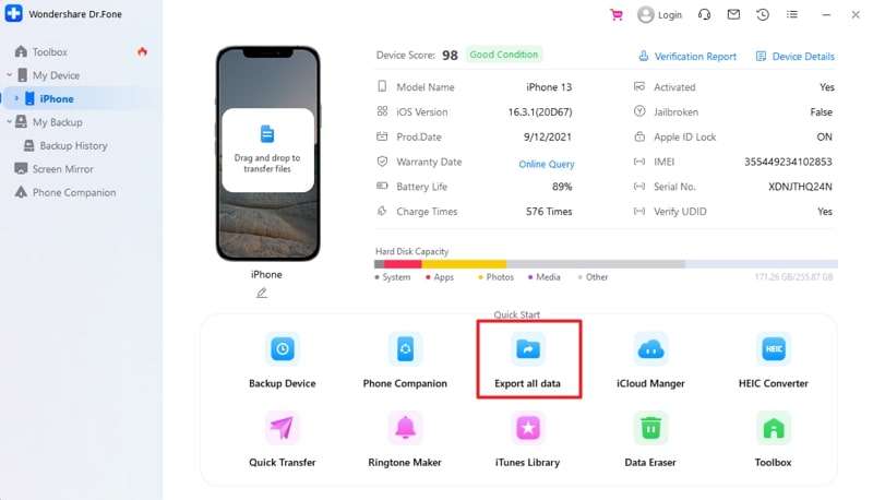 choose export all data option