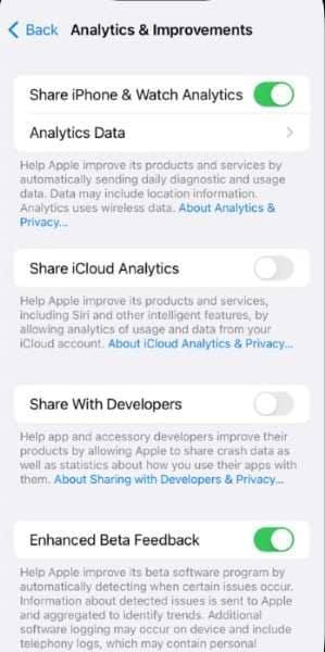  iphone analytics and improvement settings
