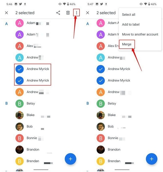 google contacts app selects duplicates