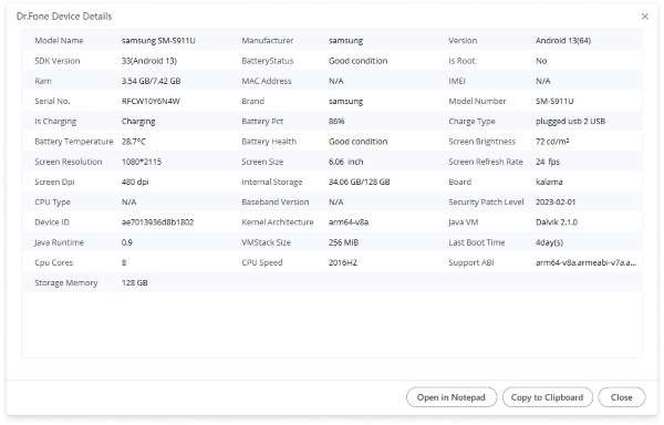 dr.fone device details android phone