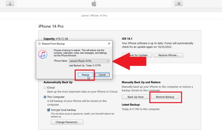 restore backup via itunes