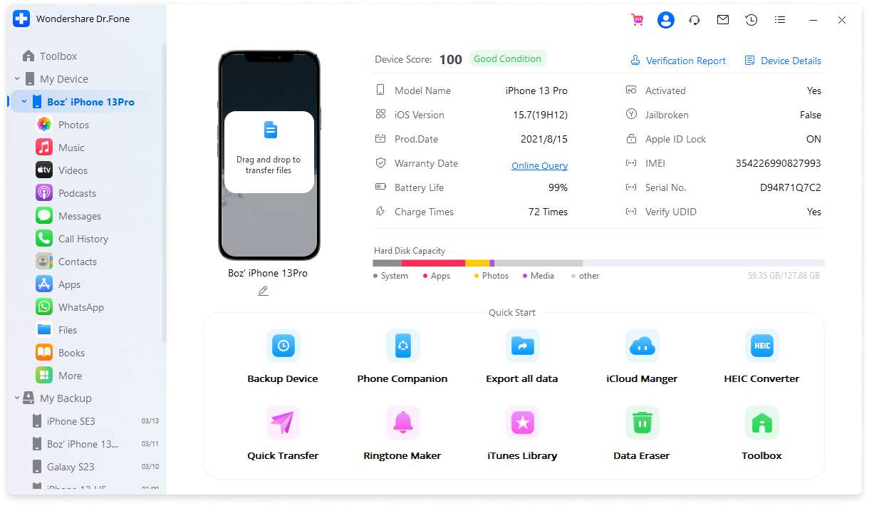 Dr.Fone verificatie functies interface.