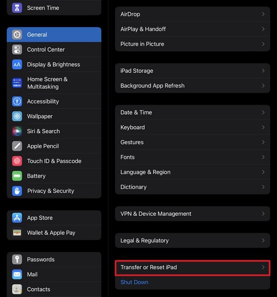 tap on transfer or reset ipad