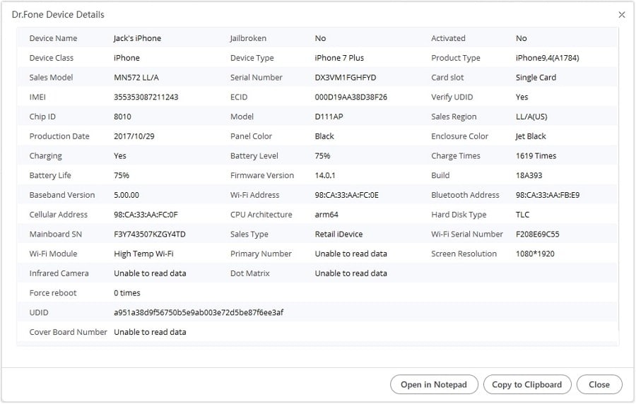 drfone device details