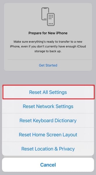 choose reset all settings