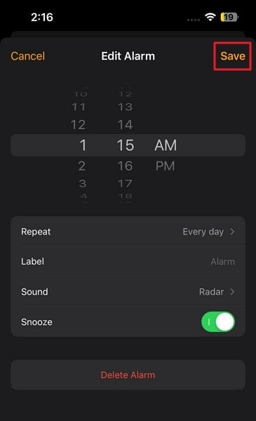 save the edited alarm