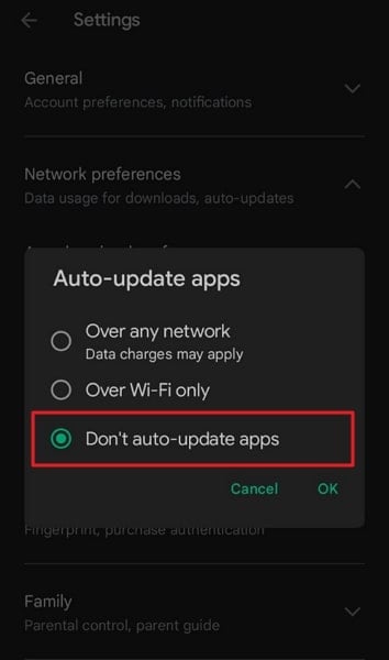 enable don’t auto update apps option