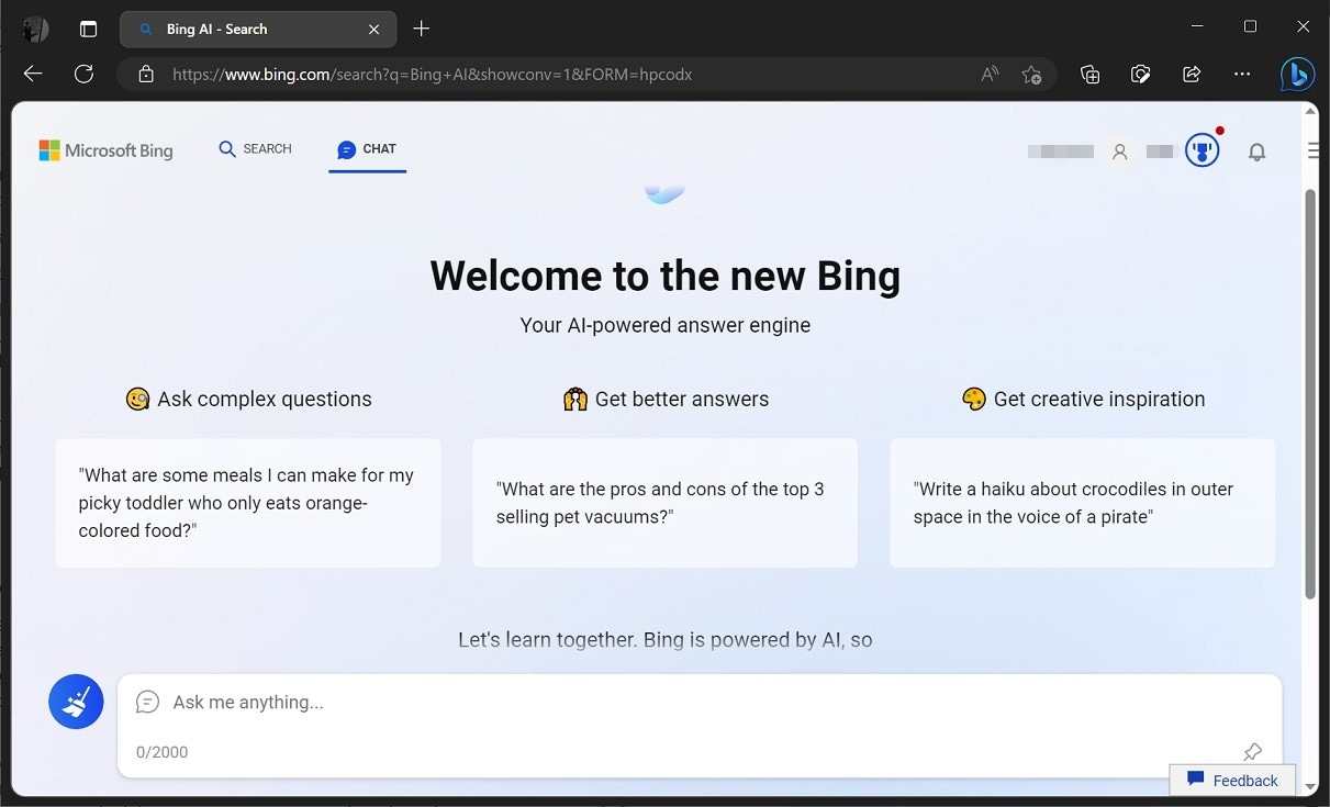 new bing interface