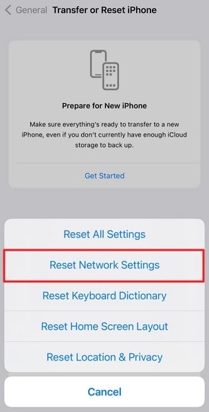 tap on reset network settings